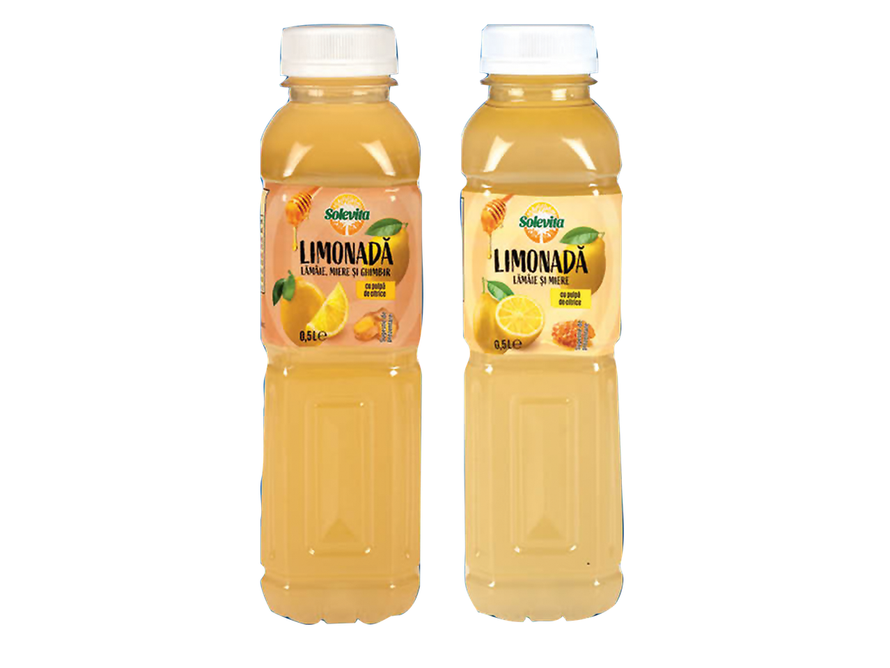 Două sticle de limonadă cu lămâie, miere și ghimbir, cu pulpă de citrice, de 0,5 litri.