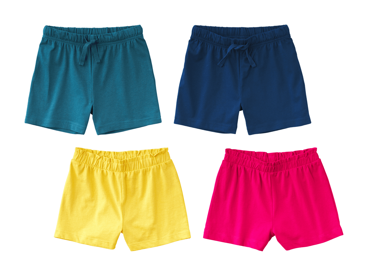 Quatre shorts de sport pour enfants en bleu sarcelle, bleu marine, jaune et fuchsia.