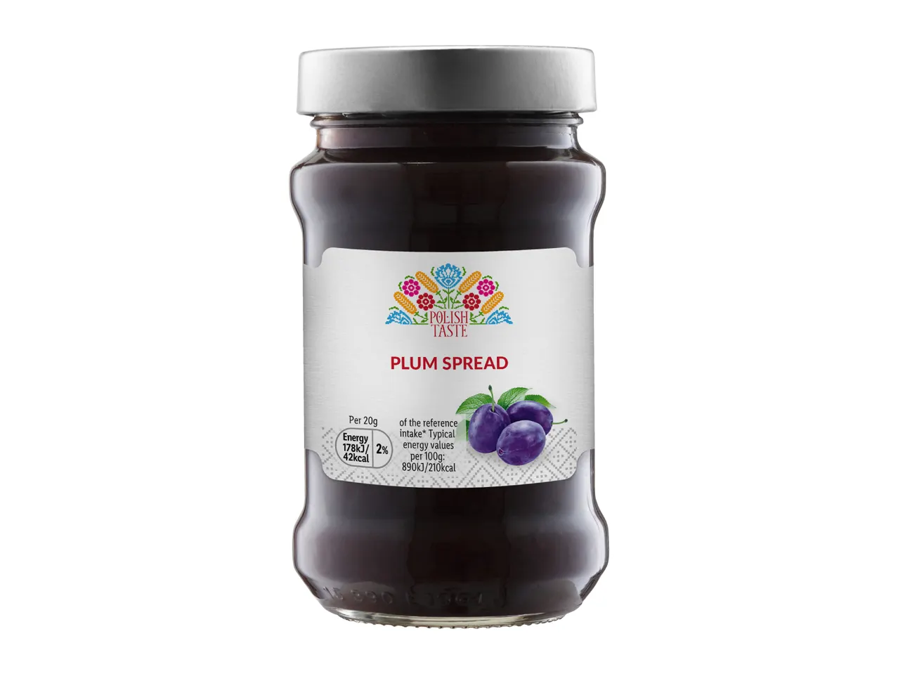 A jar of plum spread with a white label featuring a colorful folk art design and nutritional information.