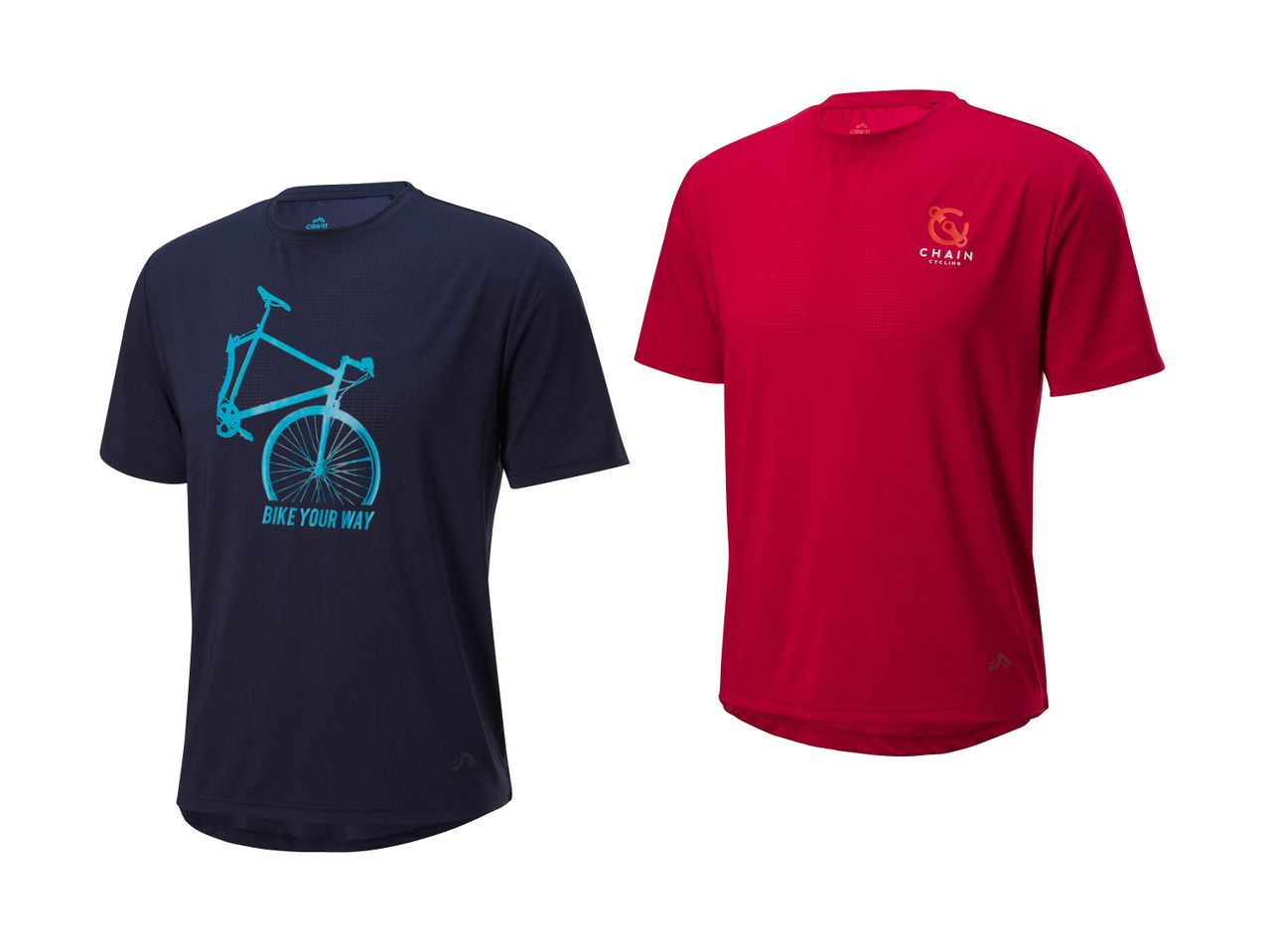 Zwei Crivit Fahrrad-T-Shirts: eines dunkelblau mit Fahrradmotiv, eines rot mit Chain Cycling Logo.