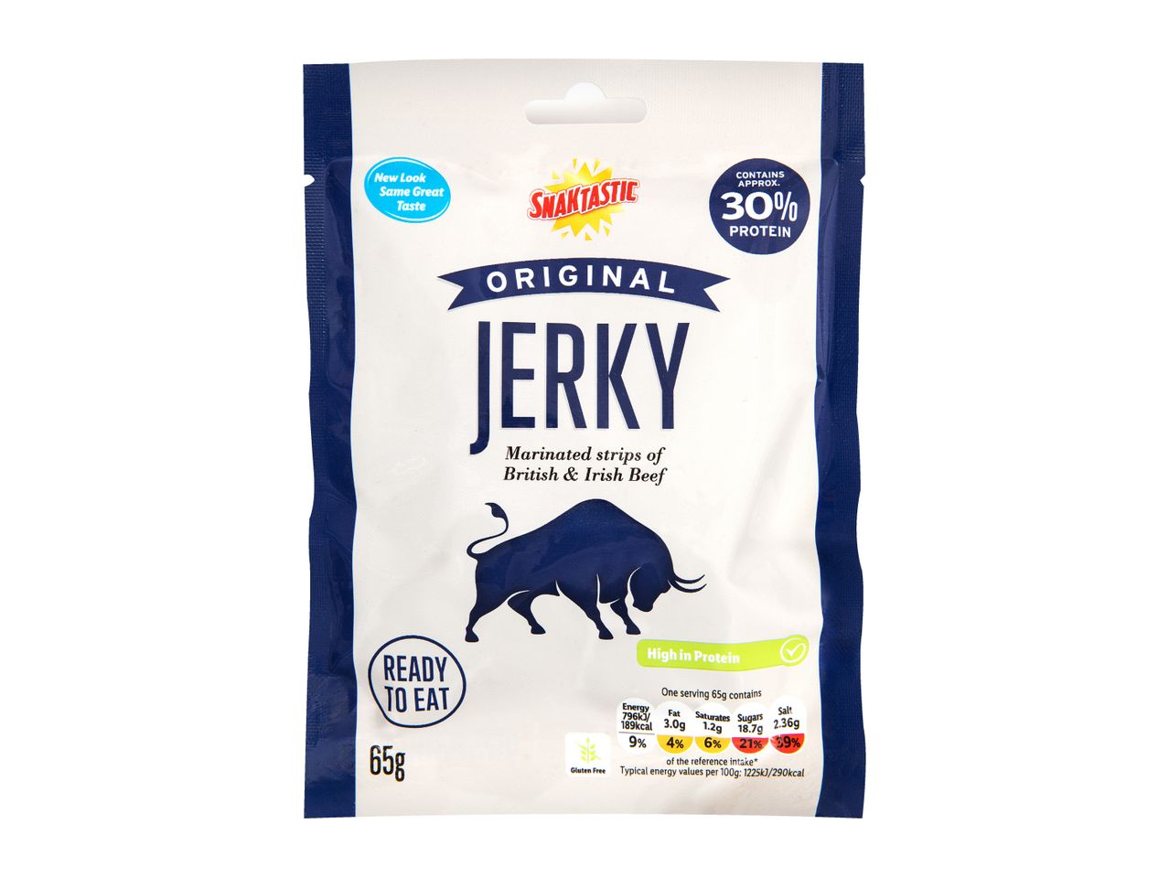Original beef jerky snack with 30% protein, 65g pack.
