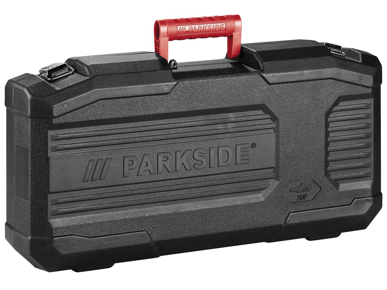 Черен пластмасов куфар за акумулаторен мини верижен трион Parkside® с червена дръжка.