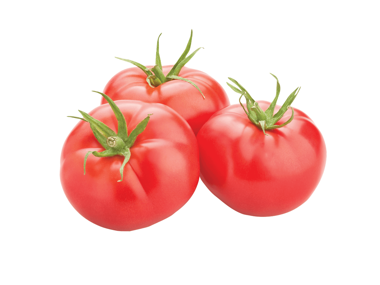 Trīs sarkani tomāti ar zaļiem kātiem uz melna fona.