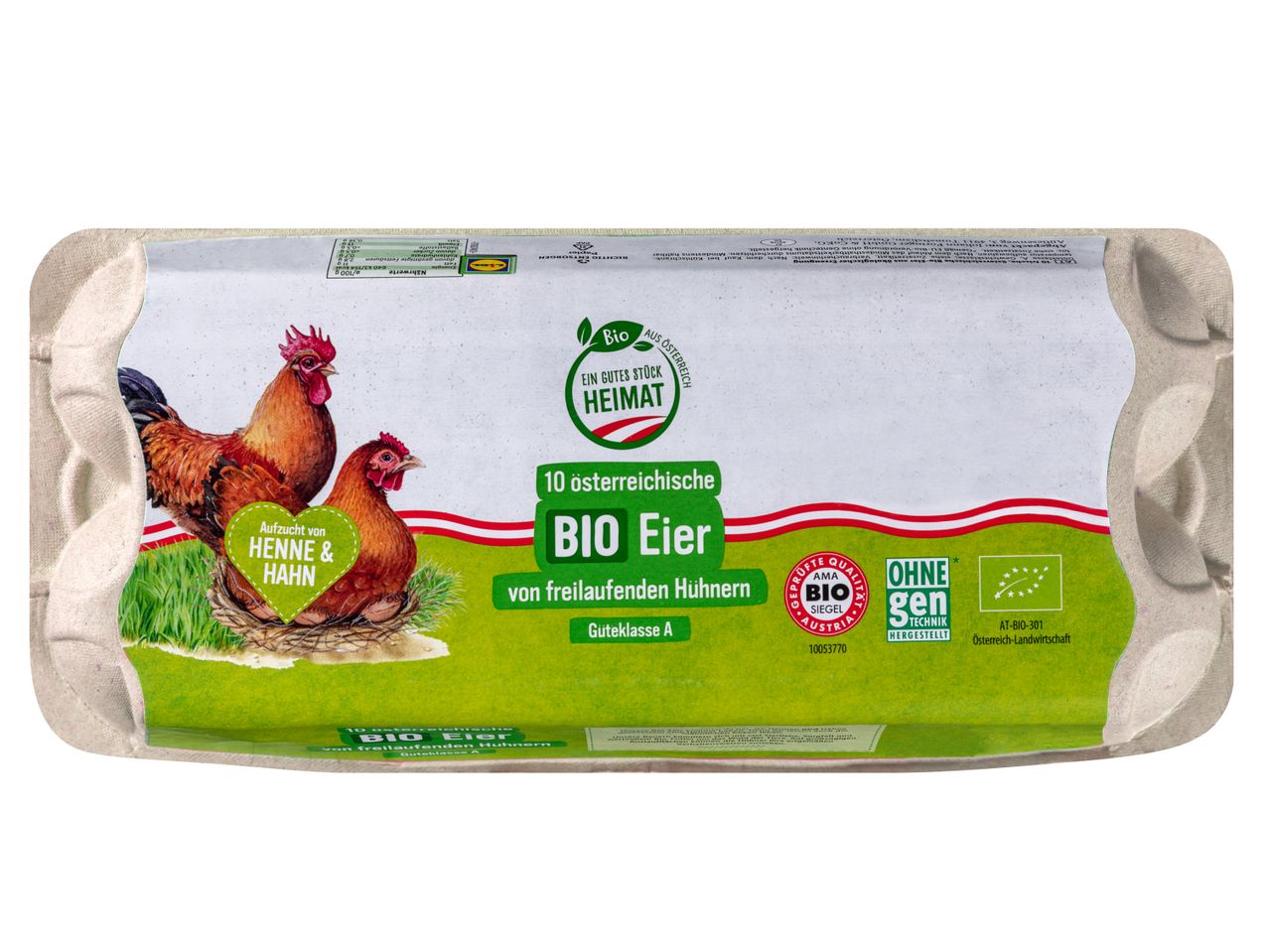 Eine Packung Bio-Eier aus Österreich mit Hühnern und dem Aufdruck „Ein gutes Stück Heimat“.