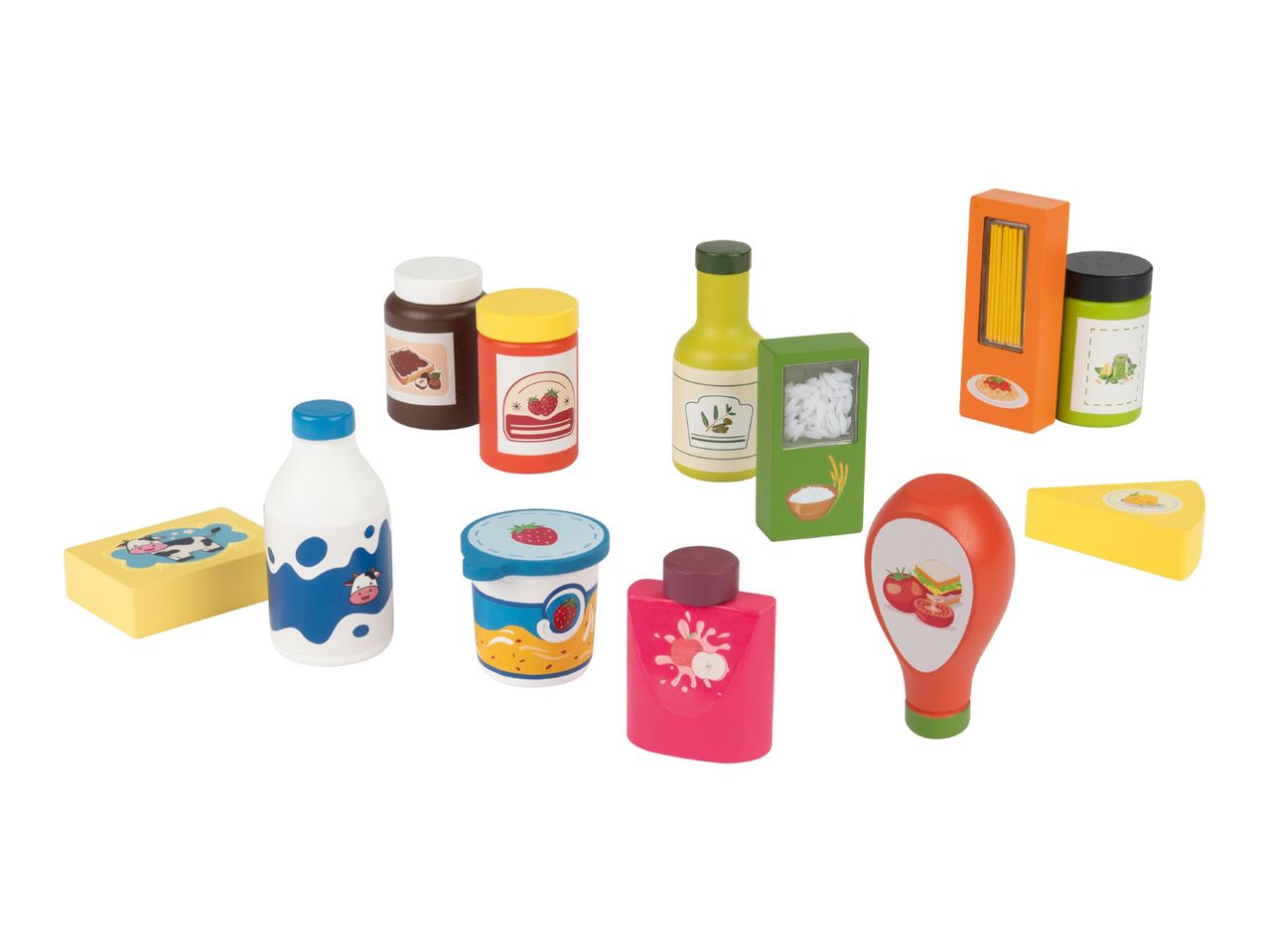 A collection of wooden toy food items, including milk, jam, pasta, and condiments.