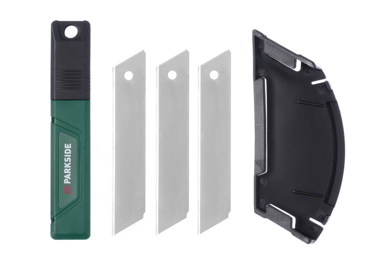 Parkside utility knife with three replacement blades and a blade disposal case.