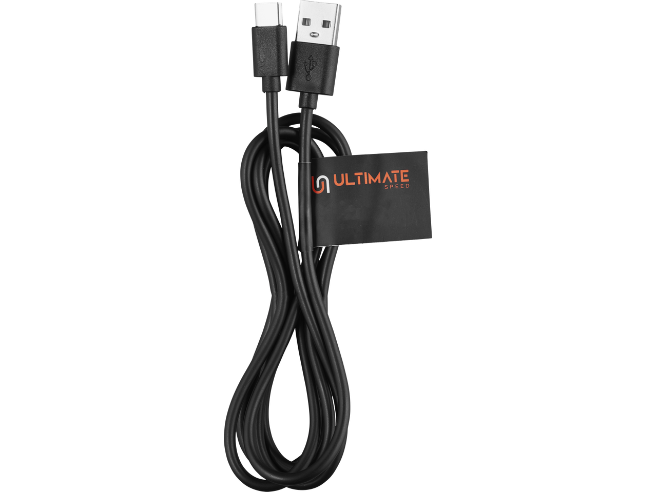 Cabo USB preto com conectores USB-A e USB-C, marca ULTIMATE SPEED.