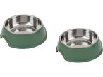Two green pet bowls with stainless steel inserts.