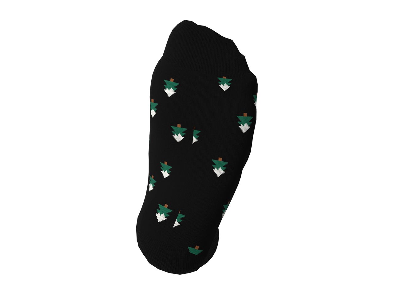 Black sock with a green and white Christmas tree pattern