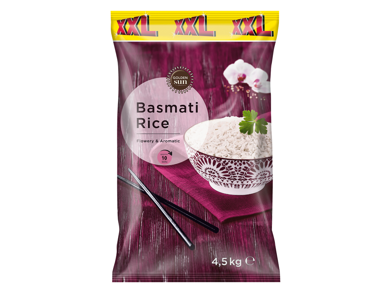 Paquet de riz Basmati de 4,5 kg, avec un bol de riz et des baguettes.