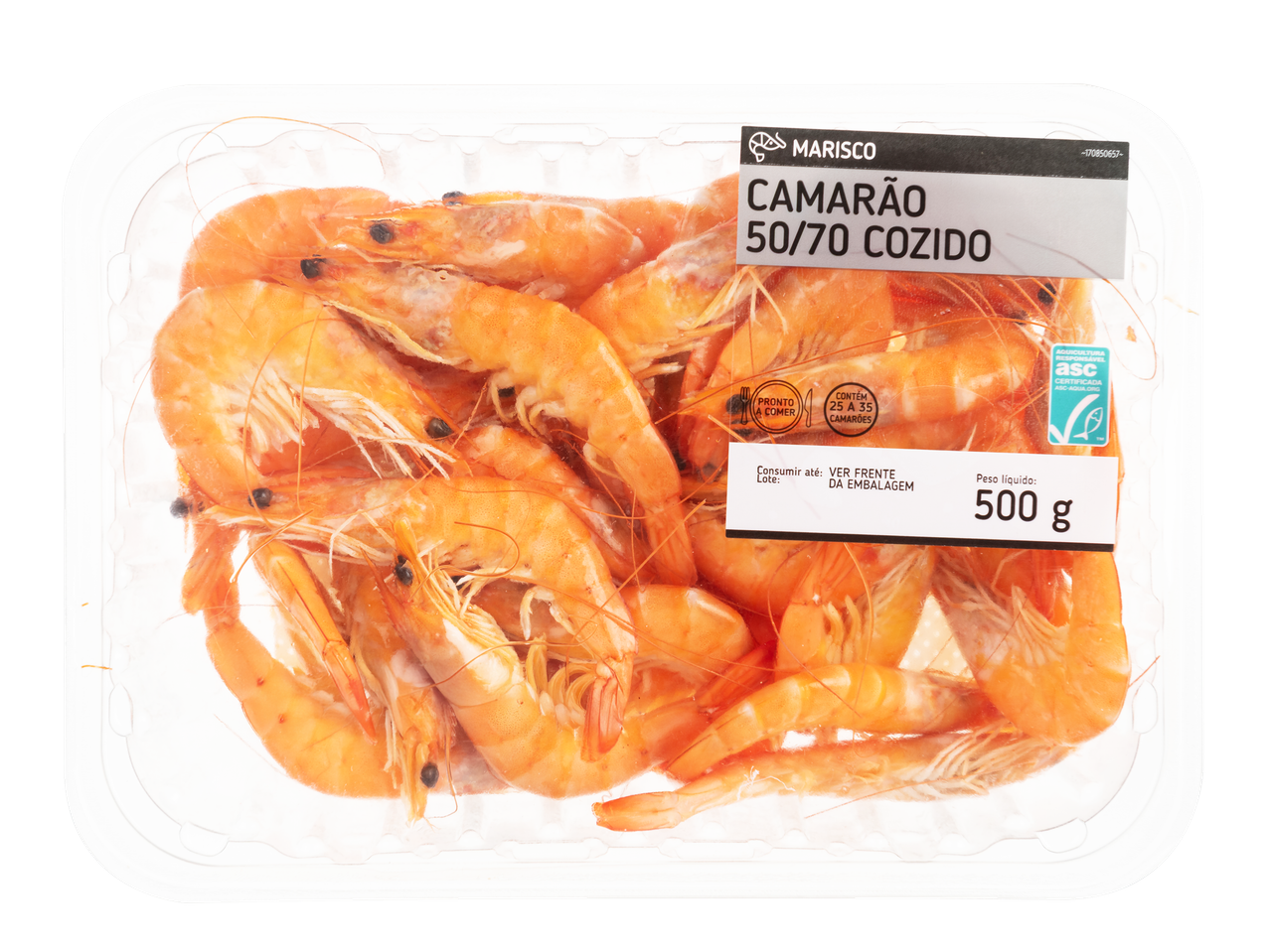 Camarão cozido (50/70) numa embalagem de plástico transparente, 500g.