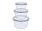 Stack of three round glass food storage containers with clear lids and blue seals.