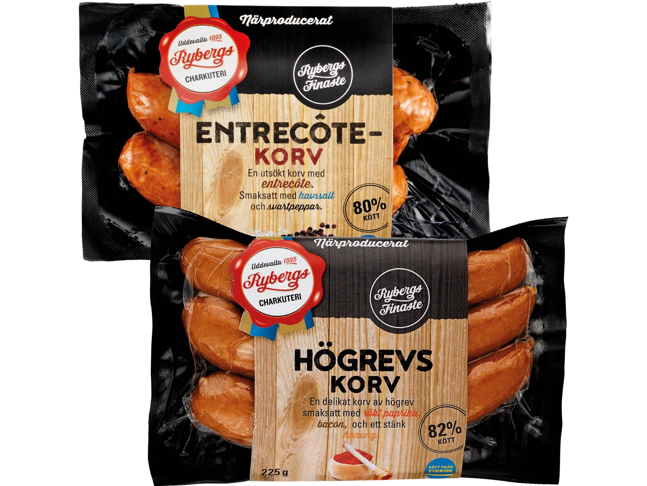 Två förpackningar med Rydbergs Entrecôte- och Högrevskorv.