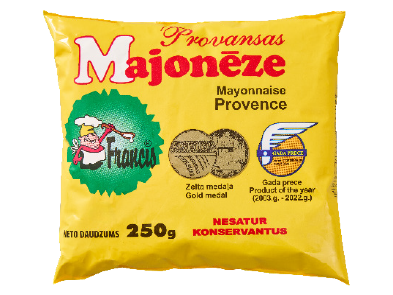Francis Provansas majonēze 250g iepakojumā ar zelta medaļu un gada preces apbalvojumu.