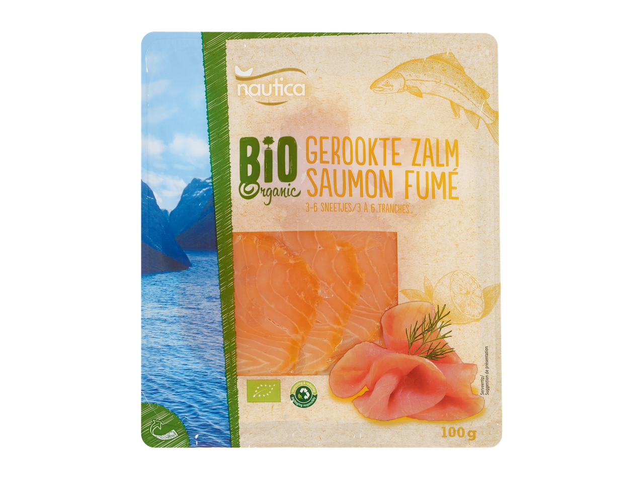 Emballage de Saumon Fumé Bio Nautica avec un arrière-plan de fjord.