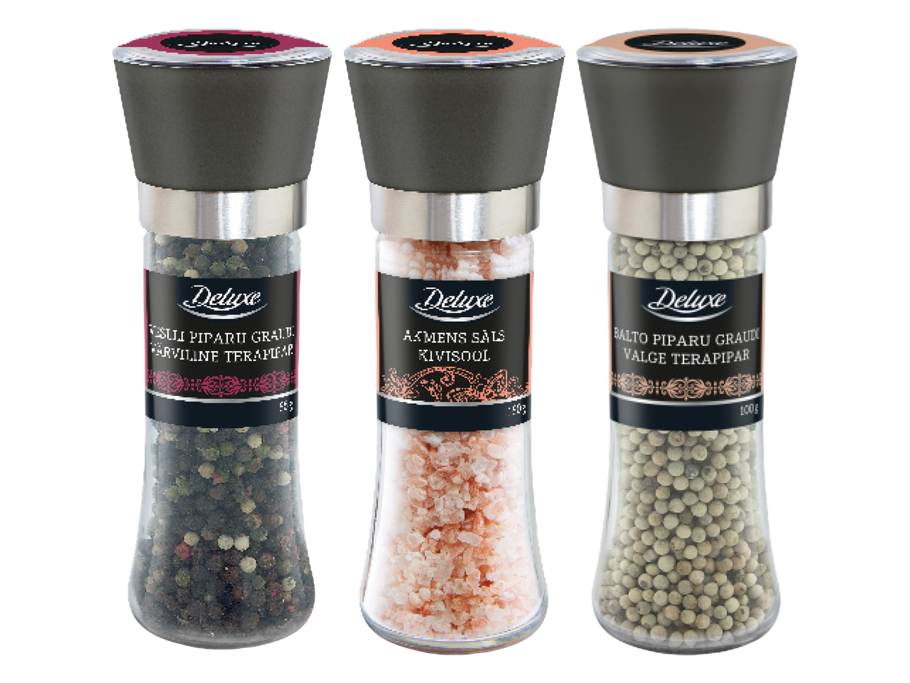 Trīs Deluxe garšvielu dzirnaviņas: piparu maisījums, rozā sāls un baltie pipari.