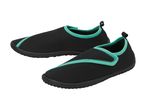 Pair of black and turquoise water shoes with textured soles.