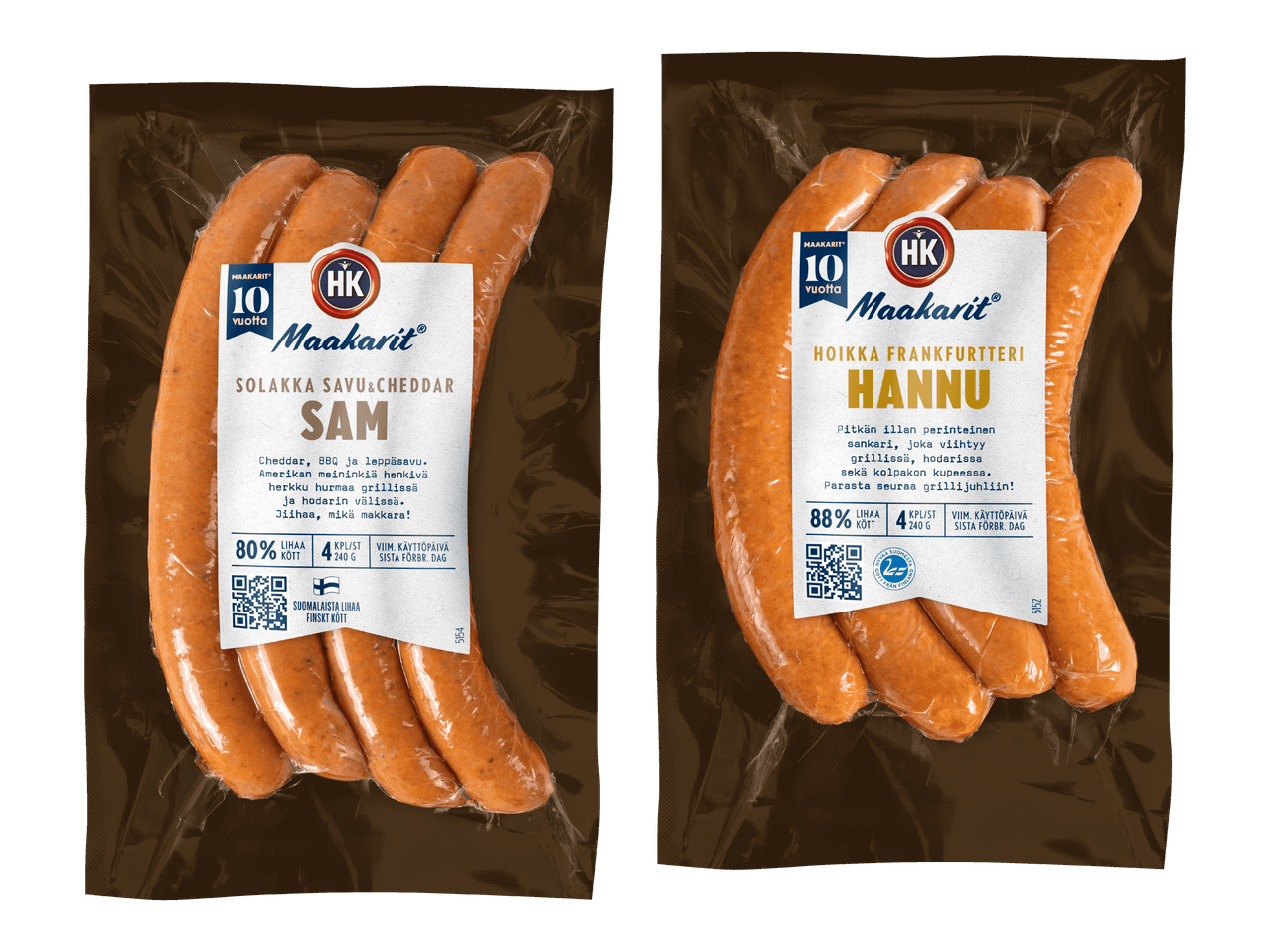 Kaksi pakkausta makkaroita: toisessa savu-cheddar-makkaraa ja toisessa hoikkaa frankfurteria.