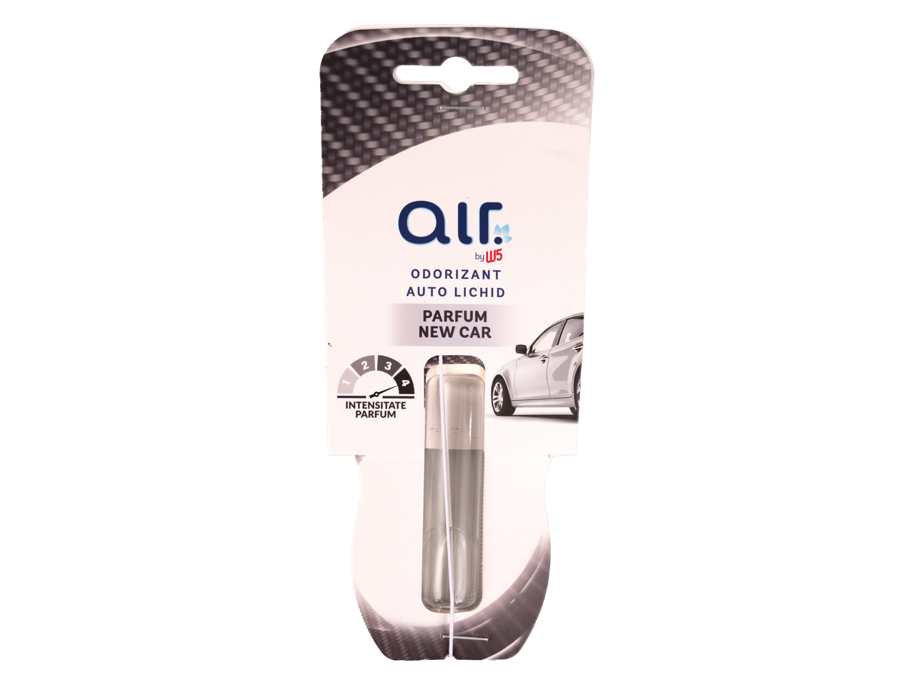 Odorizant auto AIR by W5, fiolă lichidă, parfum New Car, cu indicator de intensitate.