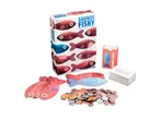 A board game called 'Sounds Fishy' with fish-shaped pieces, cards, and tokens.