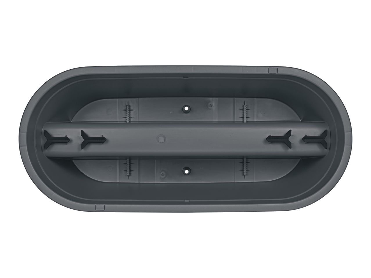 Dark grey oval planter with internal support structure, top-down view.