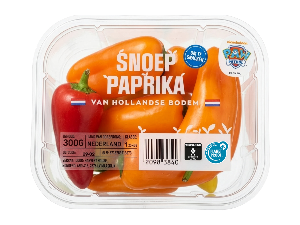 Een bakje oranje en rode snackpaprika's met de tekst 'Snoep Paprika' en 'Om te snacken'.