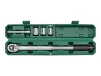 Torque wrench set with sockets and extension bar in a green storage case