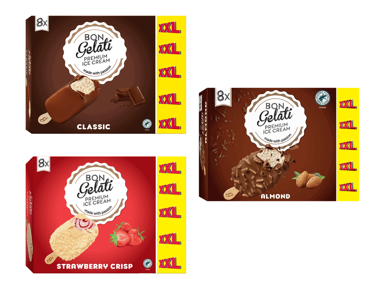 Bon Gelati -jäätelöpakkaukset: Classic, Almond ja Strawberry Crisp.