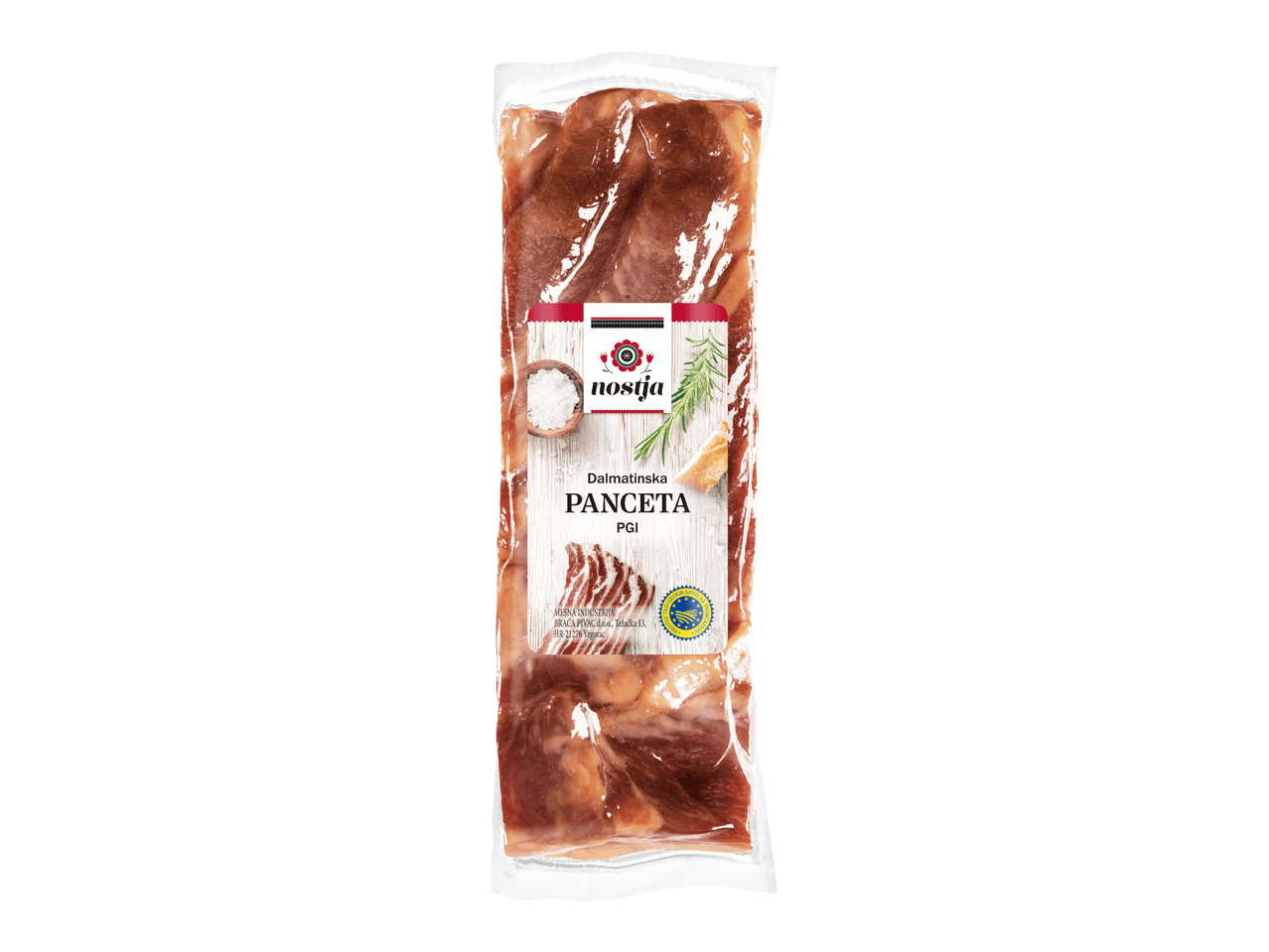 Vakuumipakattu dalmatialainen pancetta-pekonipala.