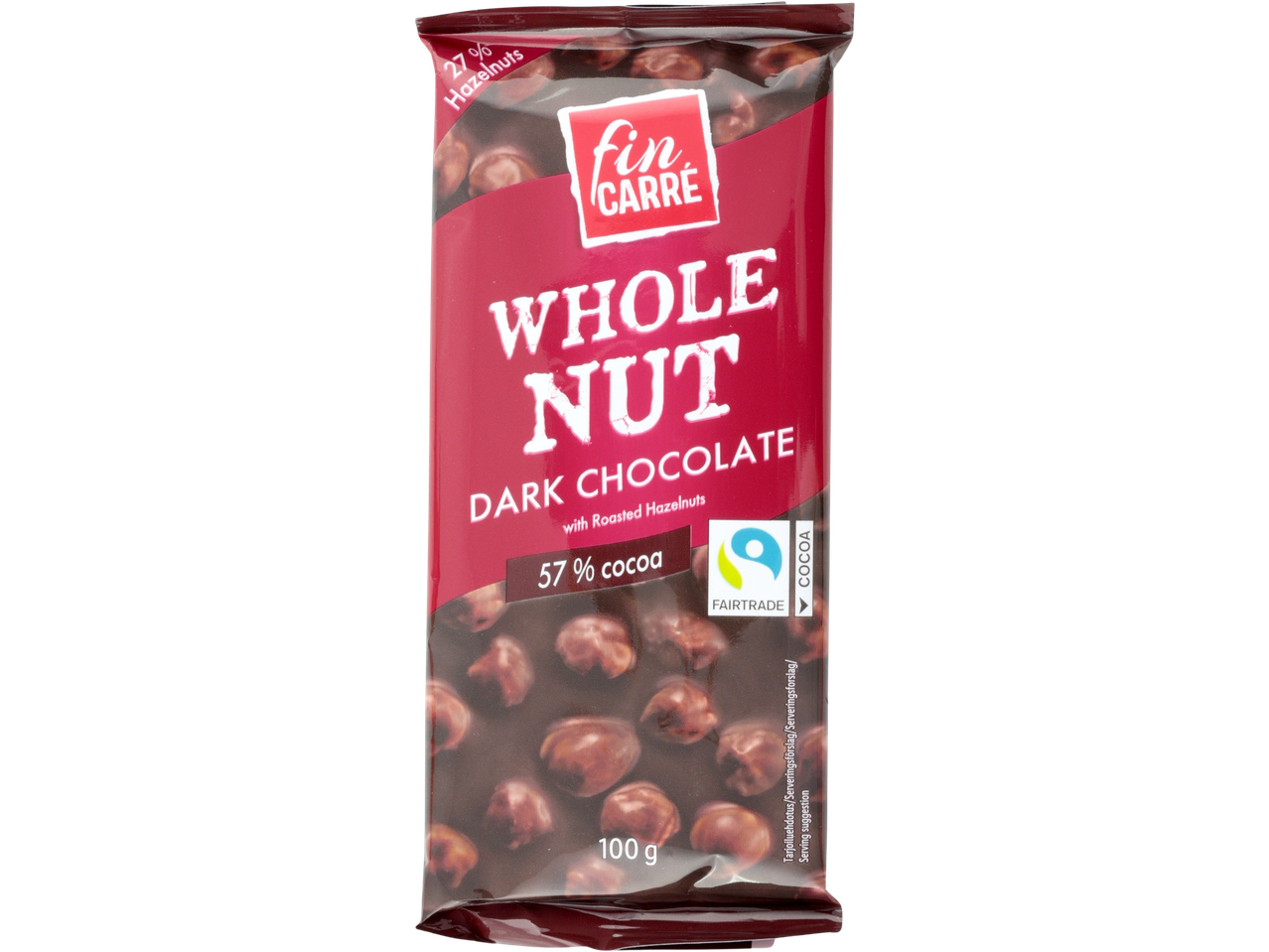 Fin Carre dark chocolate with whole hazelnuts, Fairtrade.