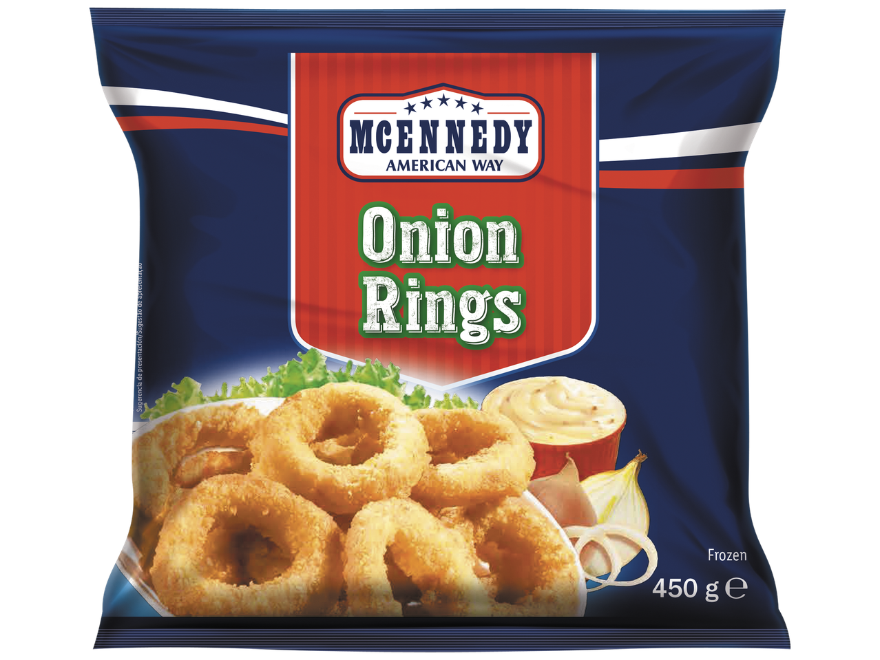 Sachet d'anneaux d'oignon surgelés avec une sauce et des oignons frais, 450 g.