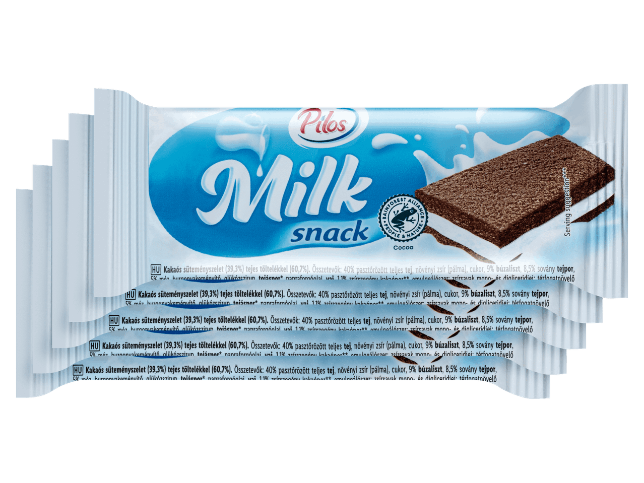 Kakaós süteményszelet tejes töltelékkel, egymás mögé helyezett csomagolásokban.