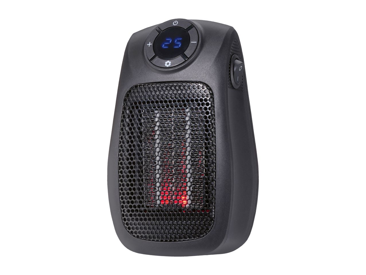Black portable electric heater with digital display showing '25' and red glowing elements.