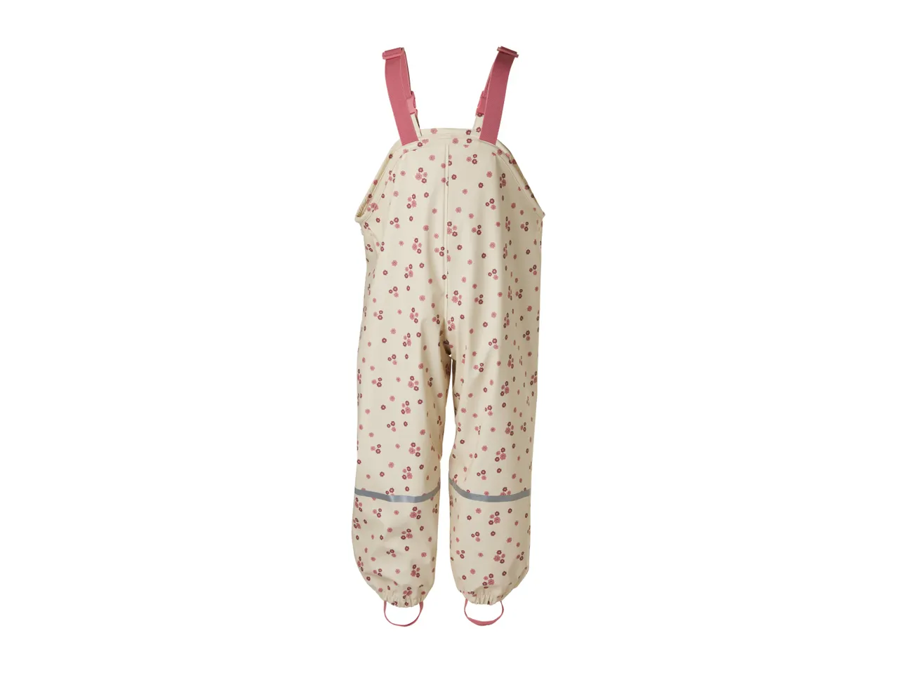 Cream-colored children's rain dungarees with pink floral print and reflective stripes.
