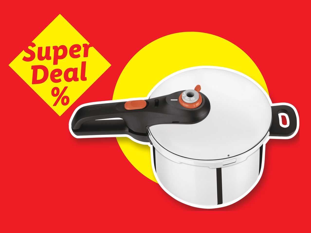 Κόκκινη και κίτρινη διαφήμιση «Super Deal» με χύτρα ταχύτητας.