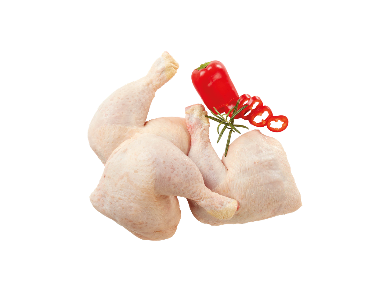 Due cosce di pollo fresche con peperoni rossi.