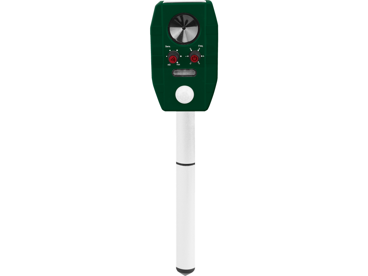 Green ultrasonic mole and animal repeller with adjustable settings.