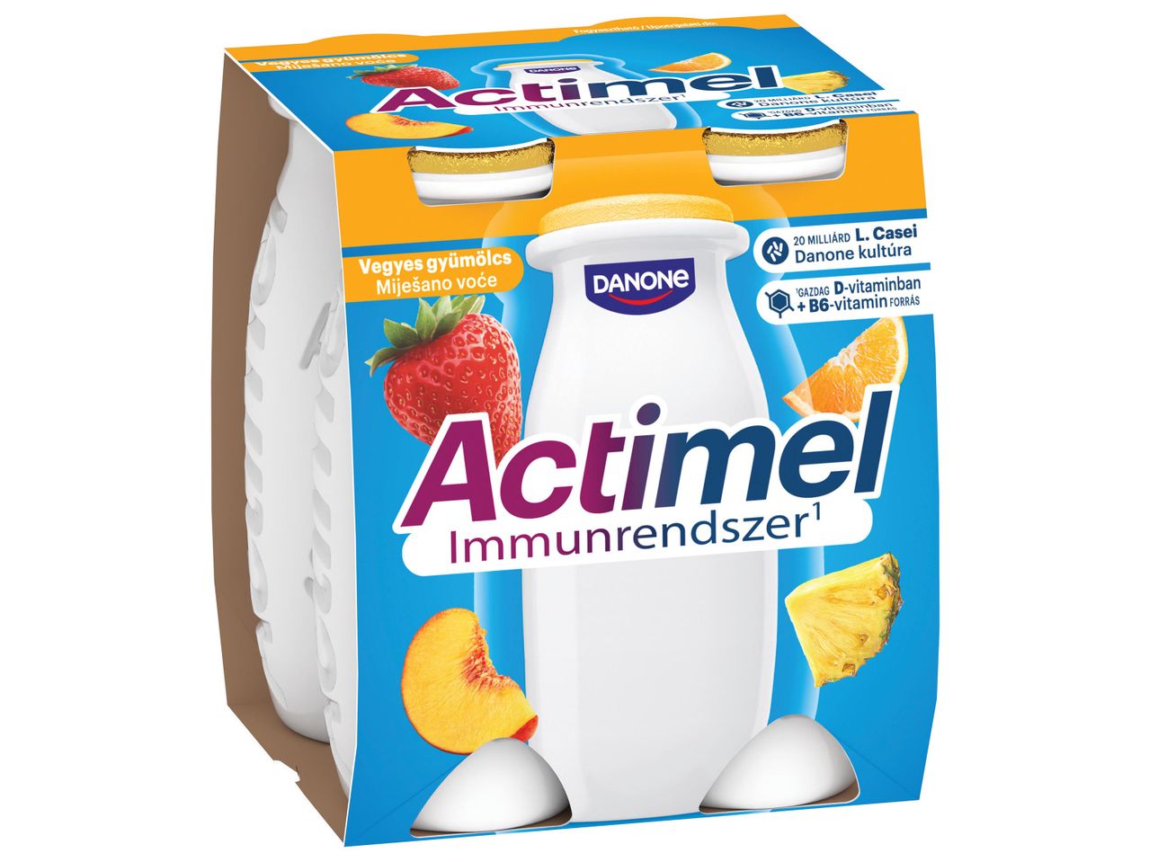 Négy Danone Actimel immunrendszer erősítő joghurt ital a dobozban.