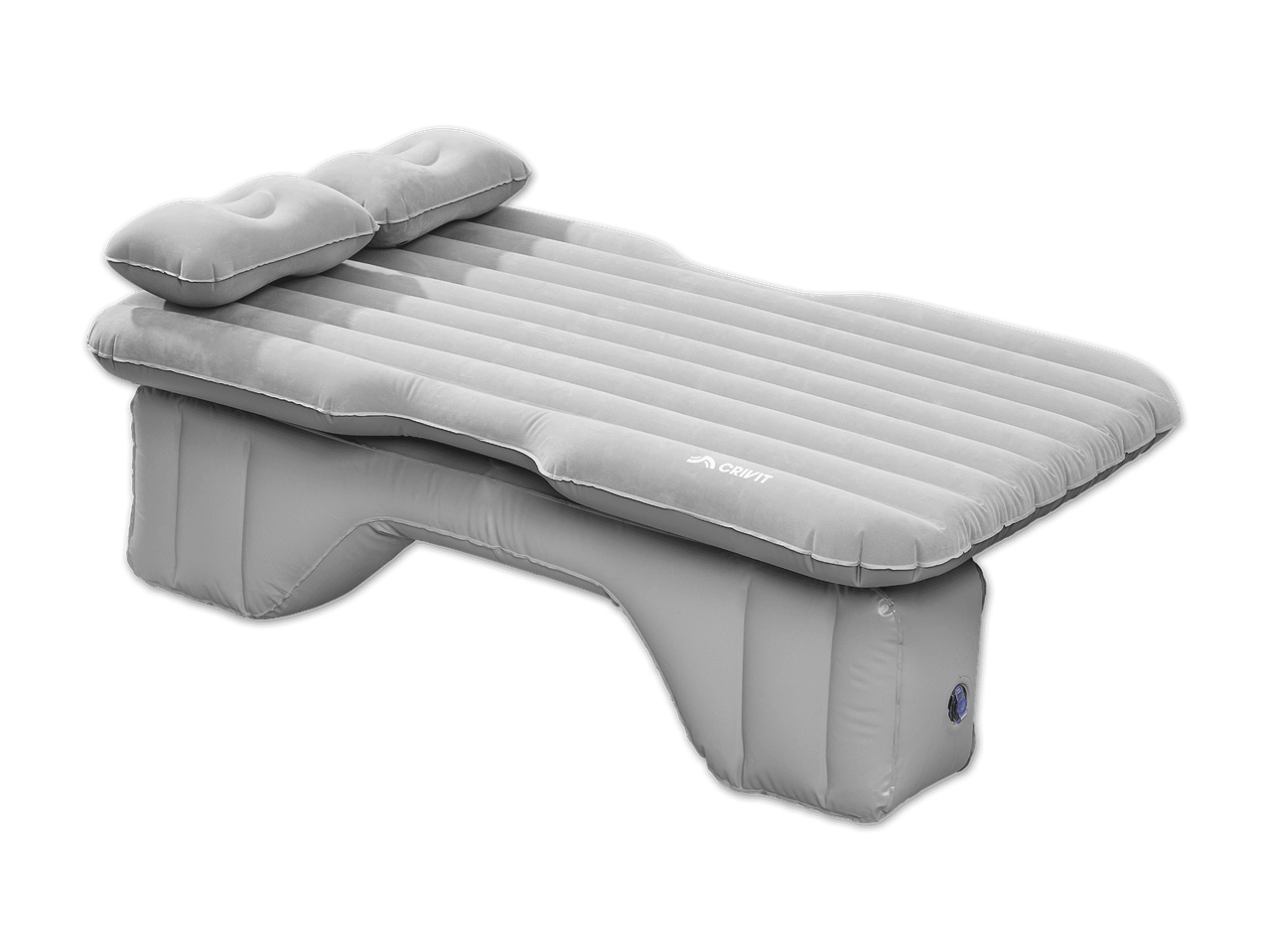 Graues aufblasbares Auto-Luftbett mit Kissen für Camping und Reisen.