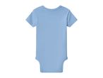 Light blue baby bodysuit with short sleeves, back view.
