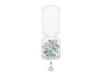 A clear plastic box filled with metal eye screws, with one screw standing upright outside the box.
