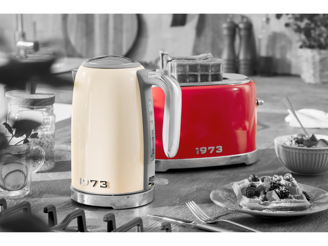 Silvercrest kettle and toaster in a kitchen setting.