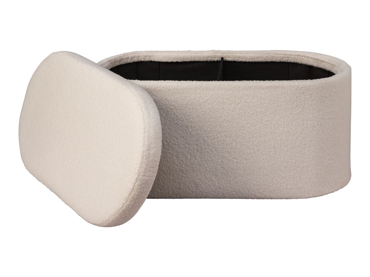 Cream-colored oval storage ottoman with the lid partially open, revealing a dark interior.