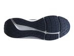 Underside of a dark blue and white running shoe with a textured sole.