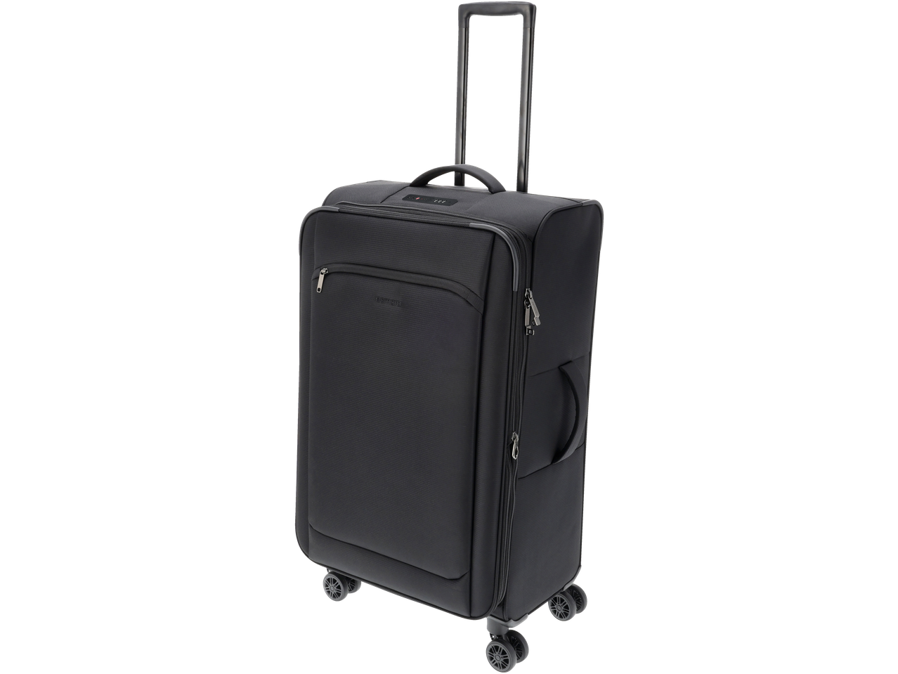 Black Esmara trolley suitcase with an extended handle, front pocket, and four wheels.