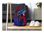 Blue children's backpack with a superhero print and white sneakers on a wooden shelf.