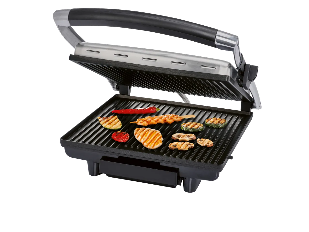 SILVERCREST® Panini Grill with grilled chicken, vegetables, and mushrooms.
