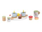 Wooden toy tea set with cups, saucers, desserts, and a serving tray.