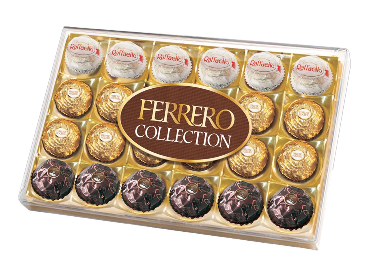 O cutie de bomboane Ferrero Collection, cu Raffaello, Ferrero Rocher și Ferrero Rondnoir.