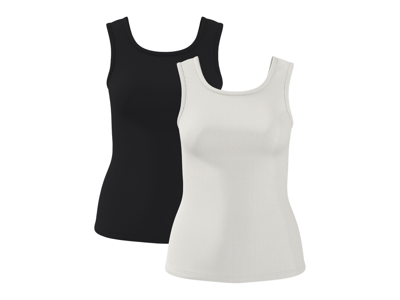 Dva rebrasta topa bez rukava, jedan crni i jedan bijeli, prikazana su na crnoj pozadini.